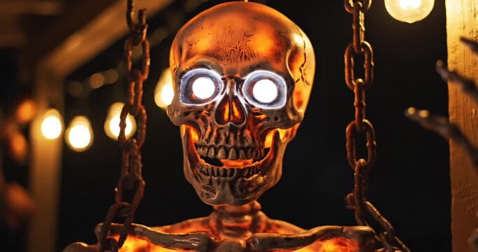 Glowing skeleton decoration hanging in a dimly lit setting with festive lights in the background