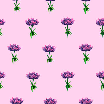 Seamless pattern with beautiful anemones on pink background, watercolor floral design suitable for wallpaper, cards or fabric.
