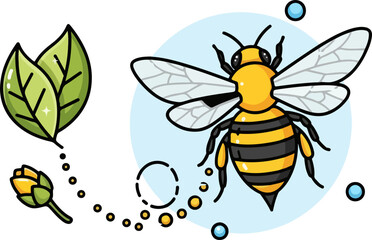 Yellow and black bee flying towards a flower with pollen trail cartoon illustration with blue background and green leaves
