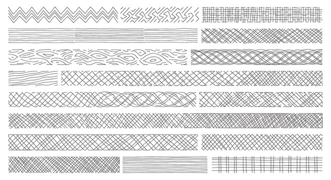 A diverse collection of hand-drawn line patterns and borders, featuring zigzags, grids, diagonal lines, and organic textures. Ideal for design elements, backgrounds, or decorative accents.