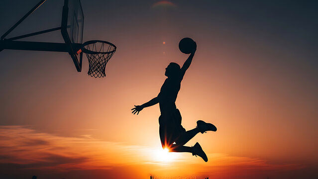 Silhouette of a basketball player performing a powerful dunk against a beautiful orange and yellow sunset sky, showcasing athletic prowess and dynamic action.