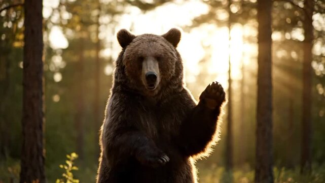 A brown bear stands on its hind legs and appears to be dancing in a forest with warm, golden lighting filtering through the trees.