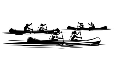 Multiple rowers paddling canoes in synchronized motion on calm waters from an aerial viewpoint © Nwar