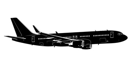A commercial airplane silhouette illustration viewed from the side on a transparent background