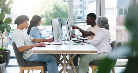 Meeting, computer and workshop with business people in office for it analysis, coworking or team. Software upgrade, collaboration or research with employees in tech agency for programmer planning