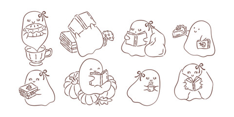Fototapeta premium Cute hand-drawn ghost doodles reading books, eating pumpkin pie, and drinking coffee. Cozy autumn Halloween aesthetic.