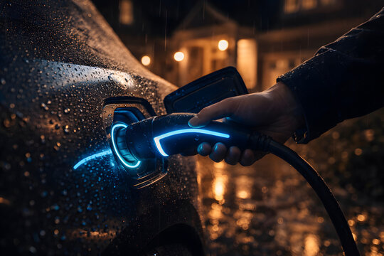 A close up of a modern electric vehicle charging port at night