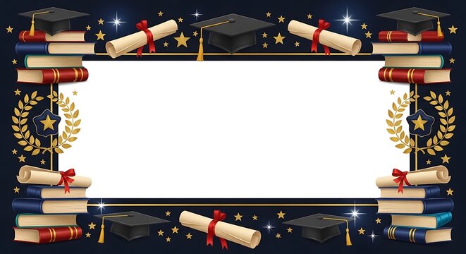 Graduation themed border with books, caps, scrolls on starry night background for education