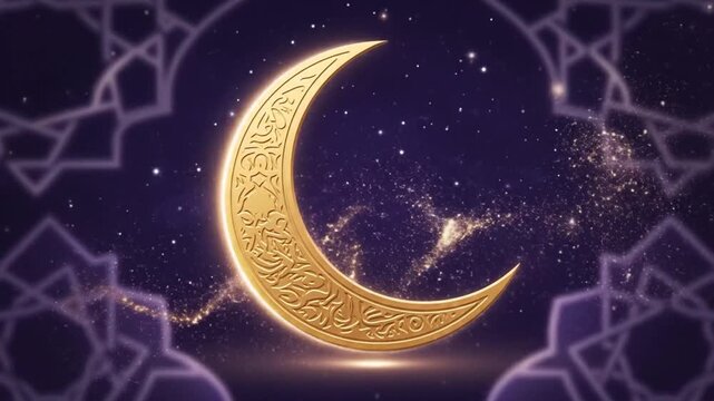 Golden crescent moon with ornate patterns glows on a starry night, framed by traditional Islamic designs for festive celebrations