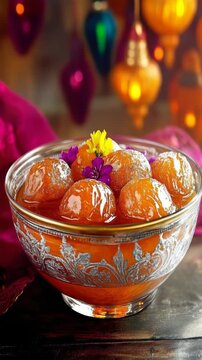 Delicious traditional Indian sweets in a decorative bowl. Festive background with vibrant lanterns enhances the mood.