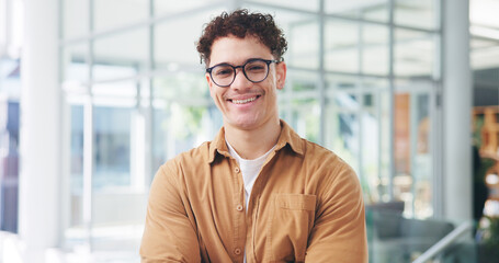 Office, happy and portrait of business man with confidence, pride and crossed arms at copywriting...