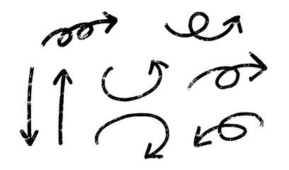 手書き風カーブした矢印と方向アイコンのモノクロセット素材