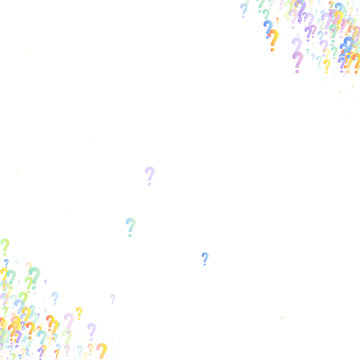 Question marks. Background for quiz, poll, survey, faq, interrogation, query. Multicolored template for opinion, public poll. Funny School vector illustration rainbow color on white background.