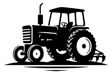 Obraz premium Black silhouette farm tractor side view with driver, smoke coming from exhaust, vector illustration, white background
