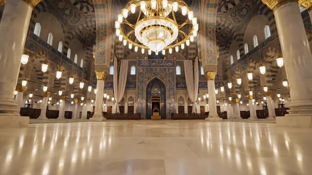 Sacred sanctuary bathed in golden light, an exquisite display of Islamic architecture and spiritual tranquility in a grand, opulent hall