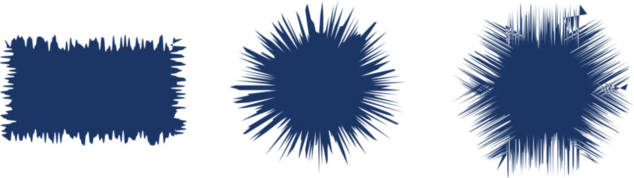 Three abstract dark blue shapes with jagged, spiky edges on white background