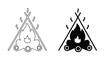 Outdoor Camping Bonfire and Tepee Icon Traditional Fireplace Shelter Line and Glyph Style Vector © Hassan