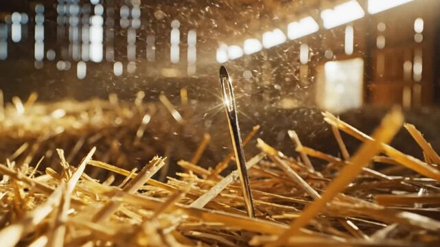 Low angle shot of a needle in a haystack, sunlight beaming through a rustic barn