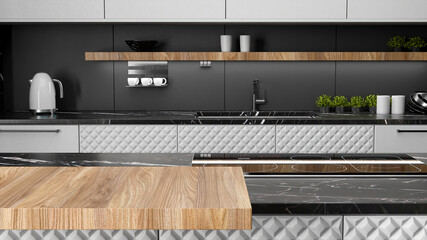 Black and white kitchen counter view 3D render