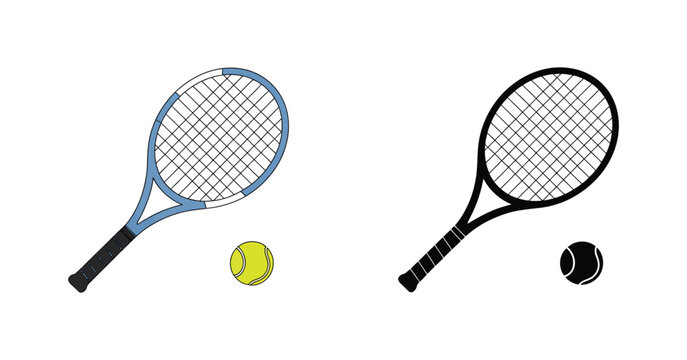 Tennis Racket Ball Icon, modern minimal tennis sport sign, racquet and ball silhouette illustration