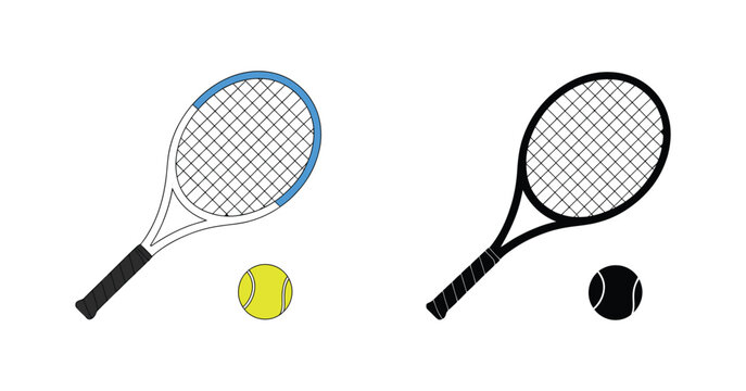 Tennis Racket Ball Icon, modern minimal tennis sport sign, racquet and ball silhouette illustration