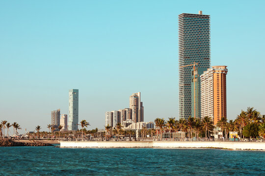 Modern skyscraper and luxury skyline on Jeddah waterfront corniche at sunset, Red Sea coast, Saudi Arabia