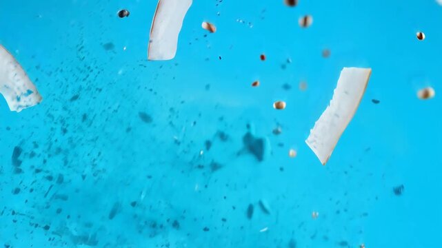Coconut explosion in Ocean: An eye-level shot captures the dynamic moment of a coconut shattering mid-air against a brilliant blue backdrop.