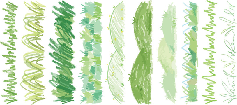 Crayon drawn grass set. Childish chalk scribble of green lawn meadow with pastel doodle textures, playful children drawing vector illustration