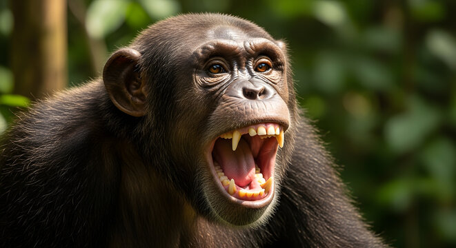 A close up of a chimpanzee with its mouth wide open yelling in a tropical environment