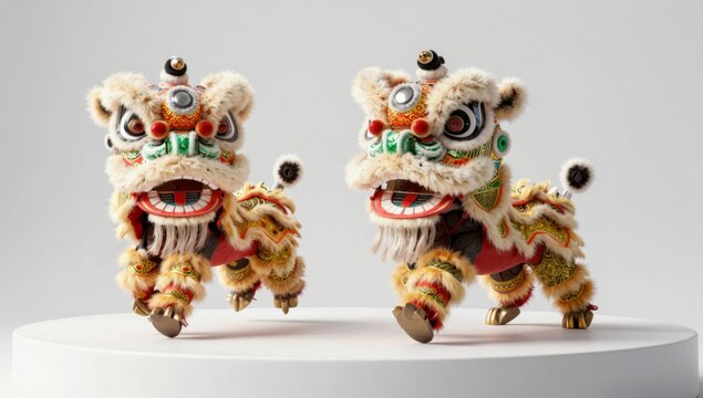 Two elaborately decorated lion dance costumes positioned dynamically on a white podium
