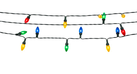 Naklejka premium Vibrant multicolored Christmas lights on black cord