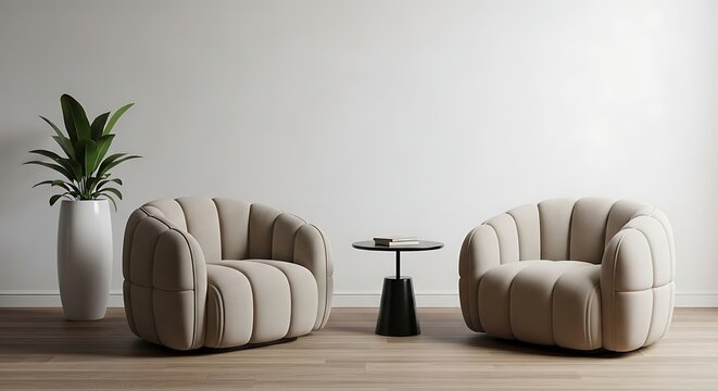 Modern armchairs and small black coffee table in empty room white wall light wood floor