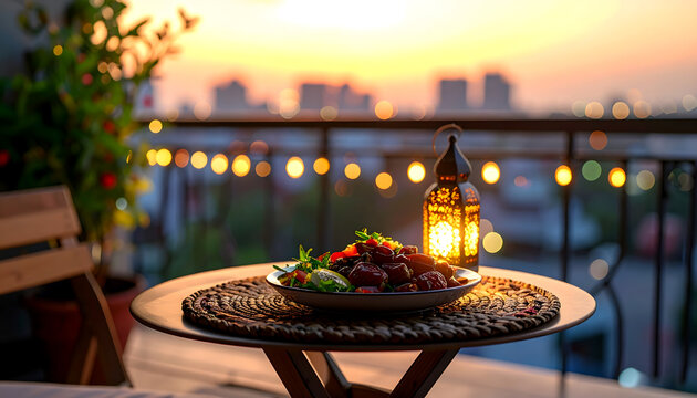 Small balcony table with simple iftar plate