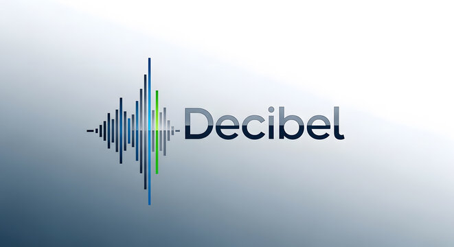 A modern professional logo design for Decibel featuring sound wave bars in blue and green tones