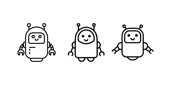 Set of three cute robot characters, friendly artificial intelligence, bot line art icons isolated on white background, vector illustration