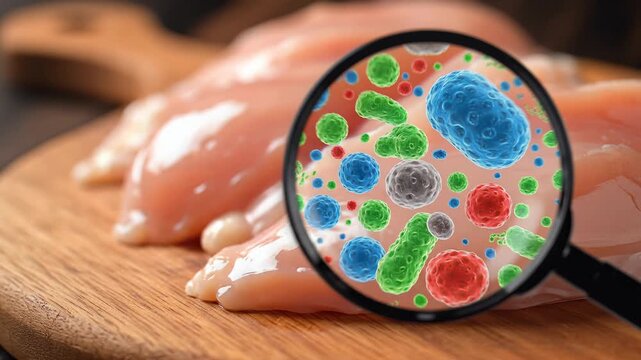 Raw chicken breast inspection with magnifying glass revealing bacteria and microorganisms, symbolizing food safety and contamination risk.