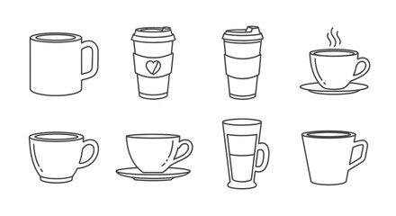 Collection of hand drawn coffee and tea cups in various styles