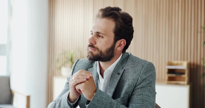 Man, thinking and laptop in office with decision contemplation, vision and brand management project. Person, computer and reflection in workplace with idea planning, daydream or advertising strategy.