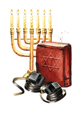 Bar Mitzvah concept. Jewish religious symbols tefilins, tephilinб Torah and menorah Candelabra. Hand painted watercolor illustration isolated on white background