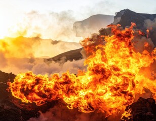 Fototapeta premium Majestic Eruption of Lava Creating Fiery Landscape at Sunset