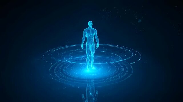 Blue holographic avatar standing on circular interface, gesturing while energy rings pulse, presenter posture suggests tutorial or virtual assistant role, hightech visionary mood