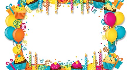 Obraz premium Vibrant celebration frame with cupcakes, balloons, and candles surrounding a central white space for text or image insertion