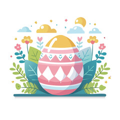 Fototapeta premium Colorful Easter egg surrounded by flowers and leaves in a vibrant spring scene illustration
