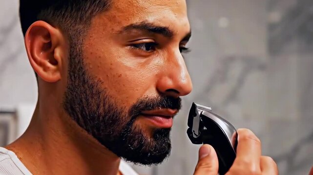 man trimming beard with trimmer in bright bathroom, closeup profile sequence showing electric trimmer shaping jawline and defining beard line, textured stubble, steady hand, mirror