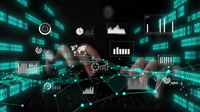 A close-up view of hands typing on a keyboard, surrounded by various digital graphs and charts representing data visualization in a modern workspace environment. Xenic
