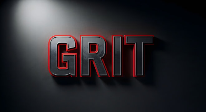 3D metal typography of the word Grit with red glowing outlines on a dark background