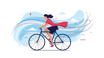 Fototapeta premium Dynamic illustration shows a woman riding a bicycle with a flowing red cape against a wavy blue and white abstract background.