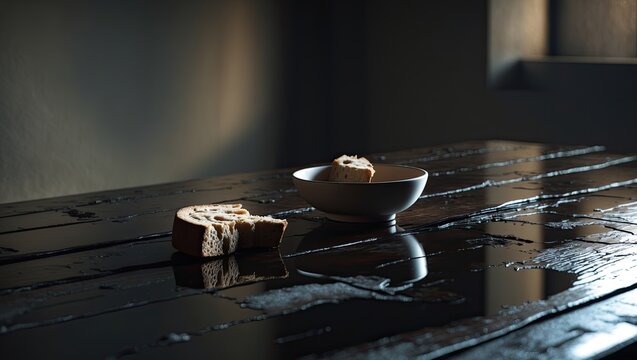 Sparse Good Friday Still Life with Broken Bread and Empty Clay Bowl on Dark Rustic Wooden Table