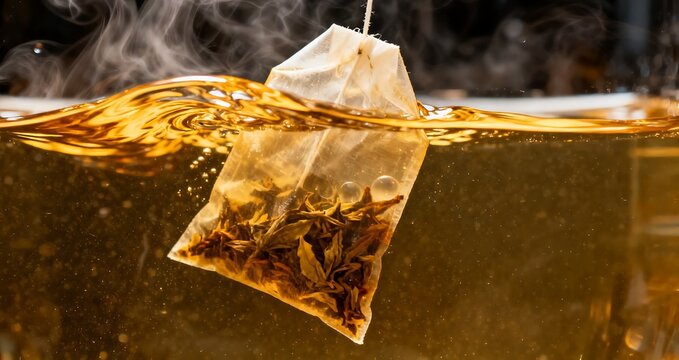 Close-up of a tea bag steeping in hot water with rising steam, brewing fresh herbal tea
