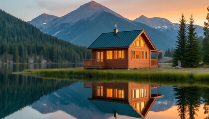 Obraz premium Wooden lake cottage reflecting in calm water